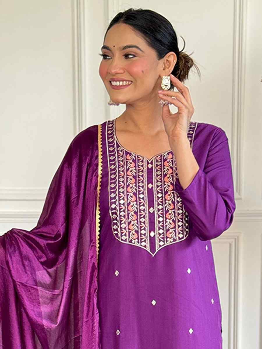 Purple Viscose Chanderi Embroidered Festival Casual Ready Pant Salwar Kameez