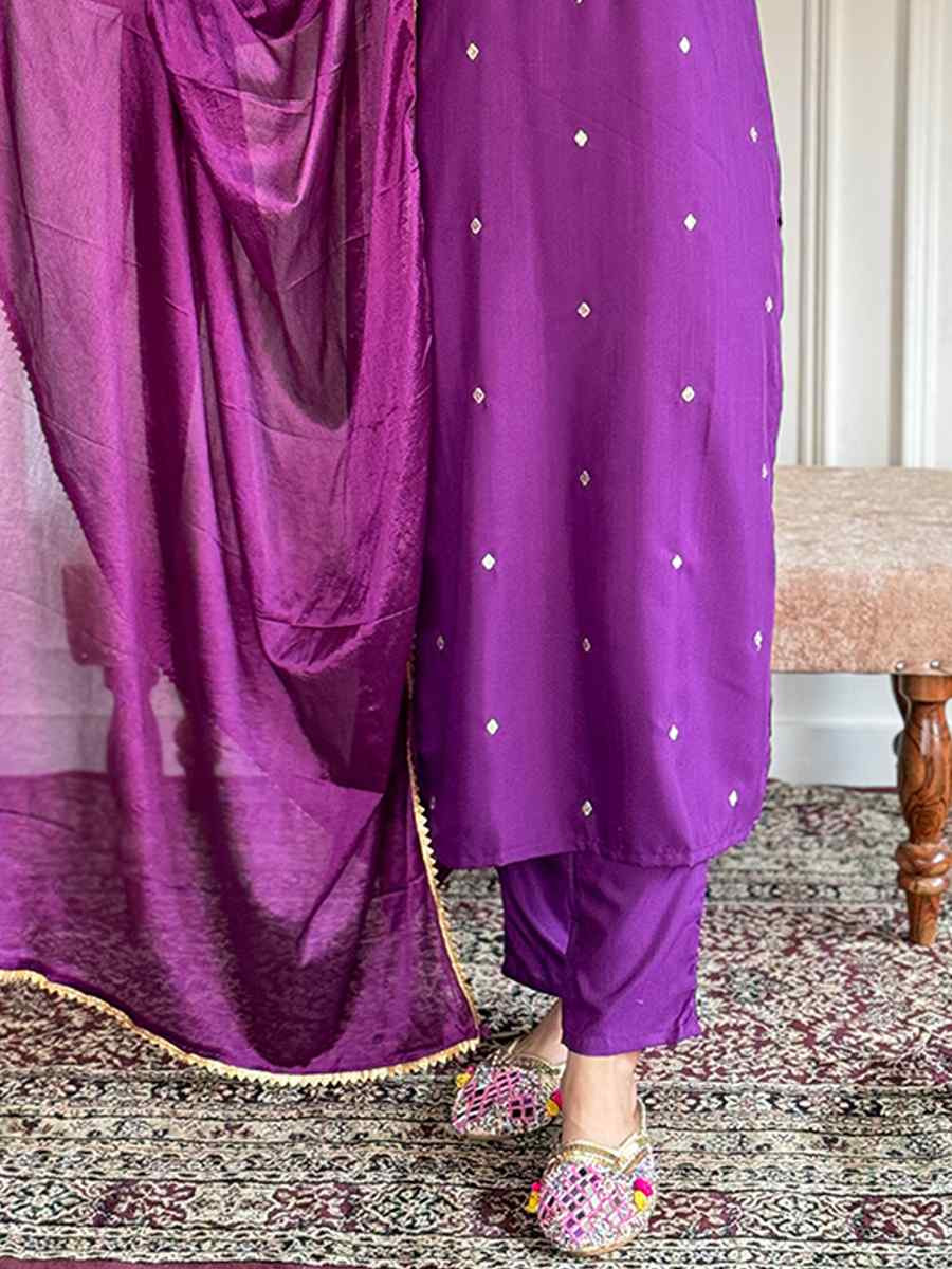 Purple Viscose Chanderi Embroidered Festival Casual Ready Pant Salwar Kameez