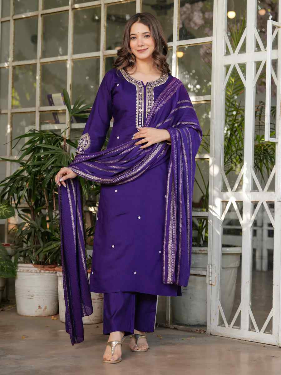 Purple Viscose Chanderi Embroidered Festival Casual Ready Pant Salwar Kameez