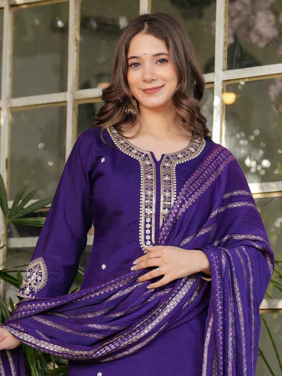 Purple Viscose Chanderi Embroidered Festival Casual Ready Pant Salwar Kameez