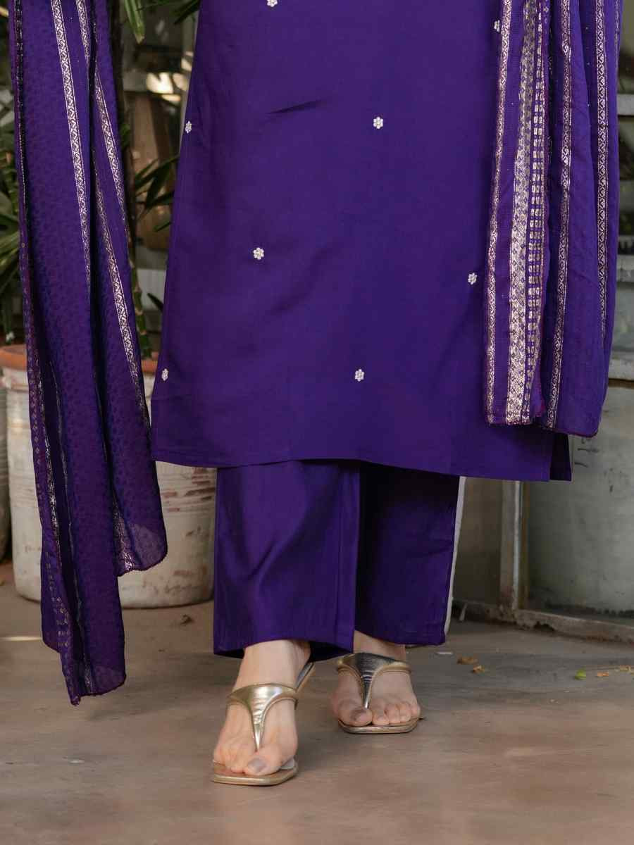 Purple Viscose Chanderi Embroidered Festival Casual Ready Pant Salwar Kameez