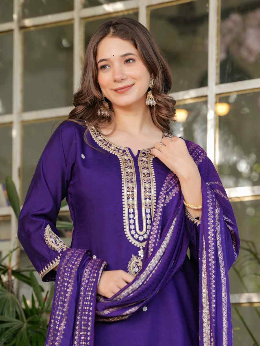 Purple Viscose Chanderi Embroidered Festival Casual Ready Pant Salwar Kameez