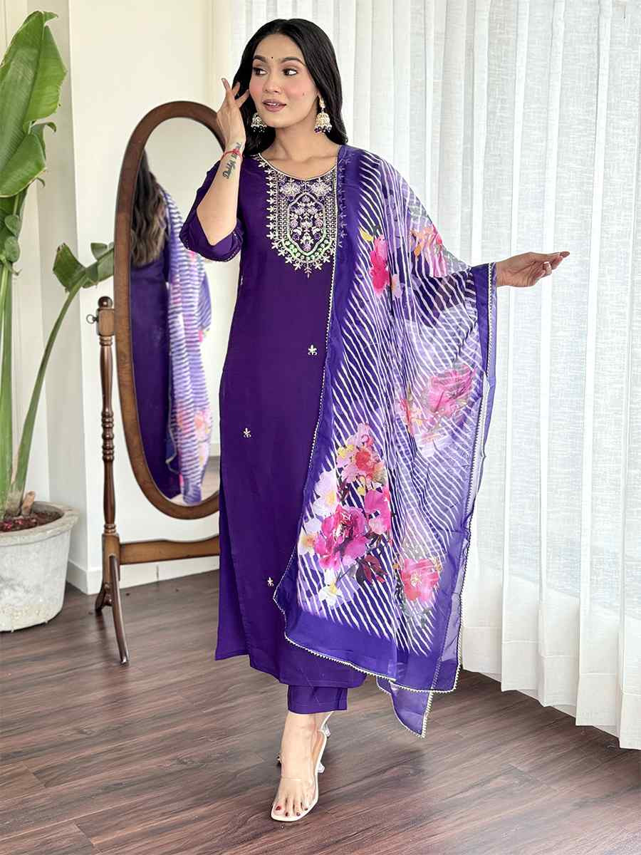 Purple Viscose Chanderi Silk Embroidered Festival Casual Ready Pant Salwar Kameez