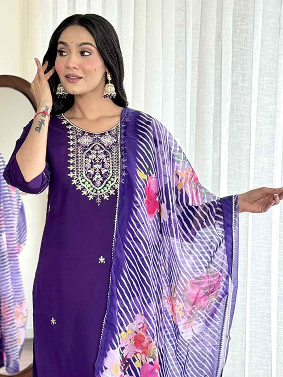 Purple Viscose Chanderi Silk Embroidered Festival Casual Ready Pant Salwar Kameez