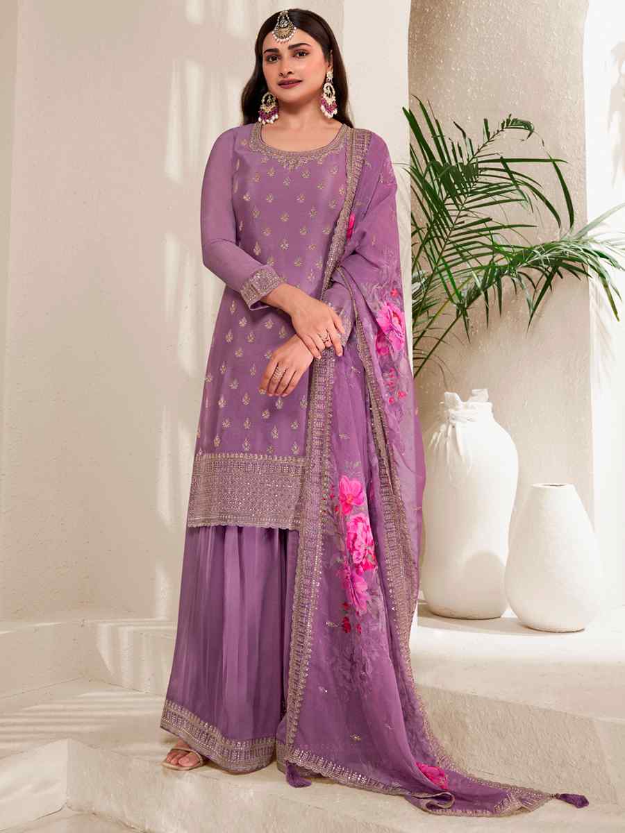 Purple Viscose Chinon Embroidered Festival Wedding Palazzo Pant Salwar Kameez