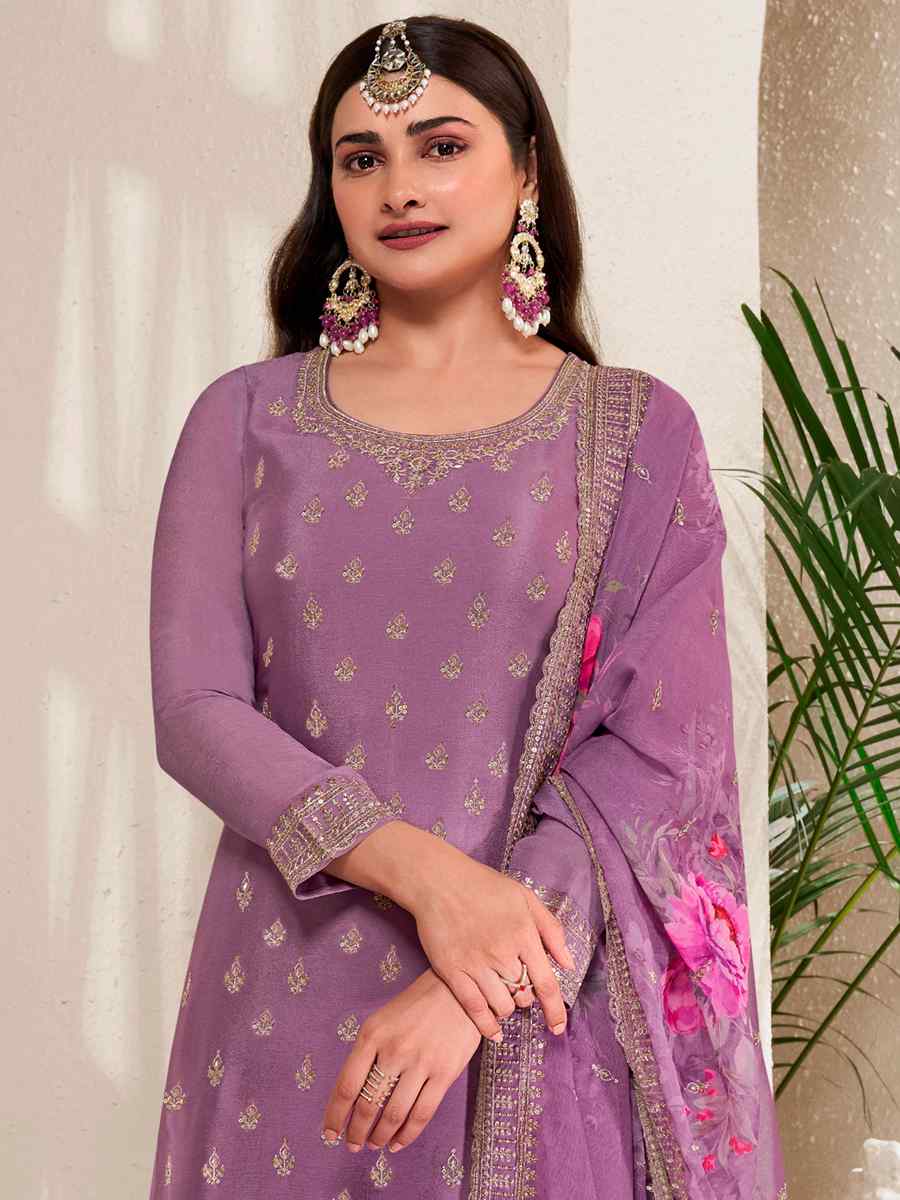 Purple Viscose Chinon Embroidered Festival Wedding Palazzo Pant Salwar Kameez