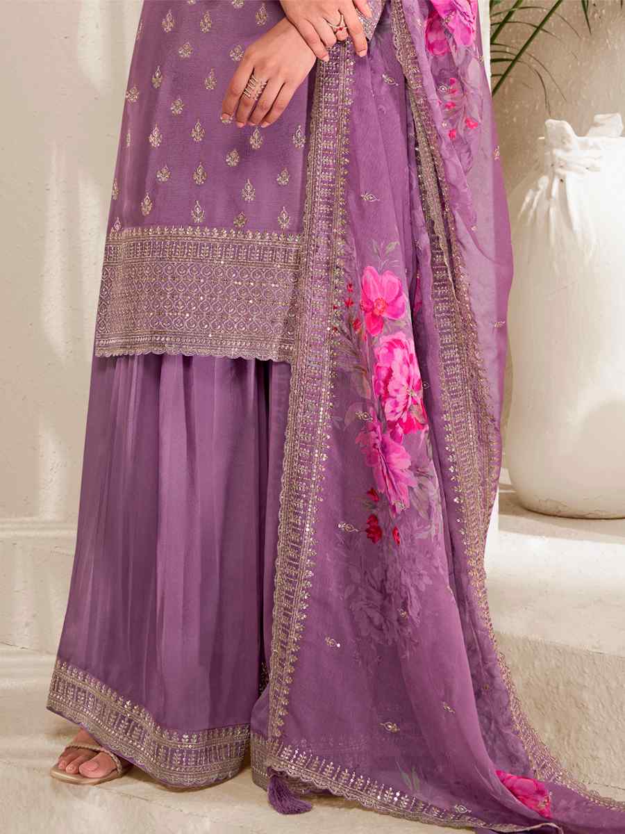 Purple Viscose Chinon Embroidered Festival Wedding Palazzo Pant Salwar Kameez