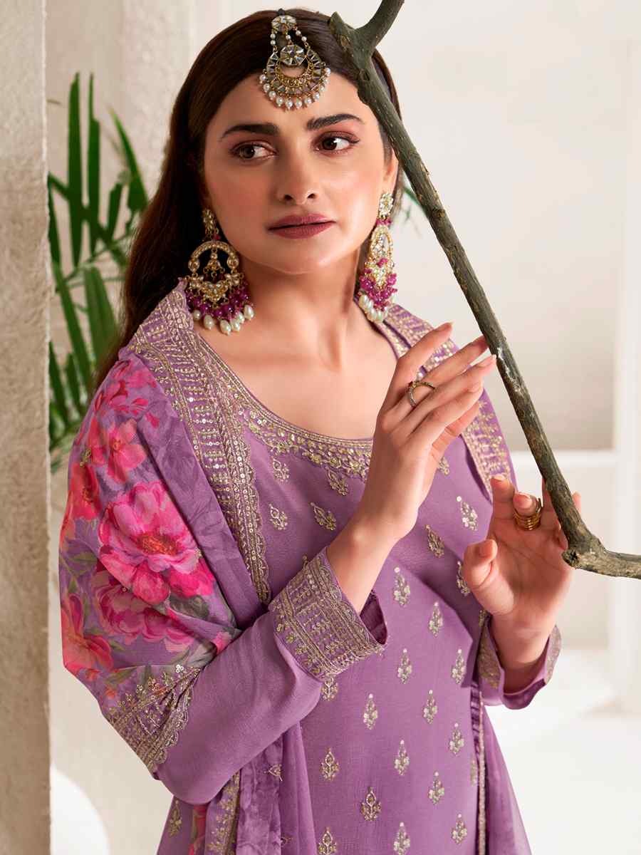 Purple Viscose Chinon Embroidered Festival Wedding Palazzo Pant Salwar Kameez