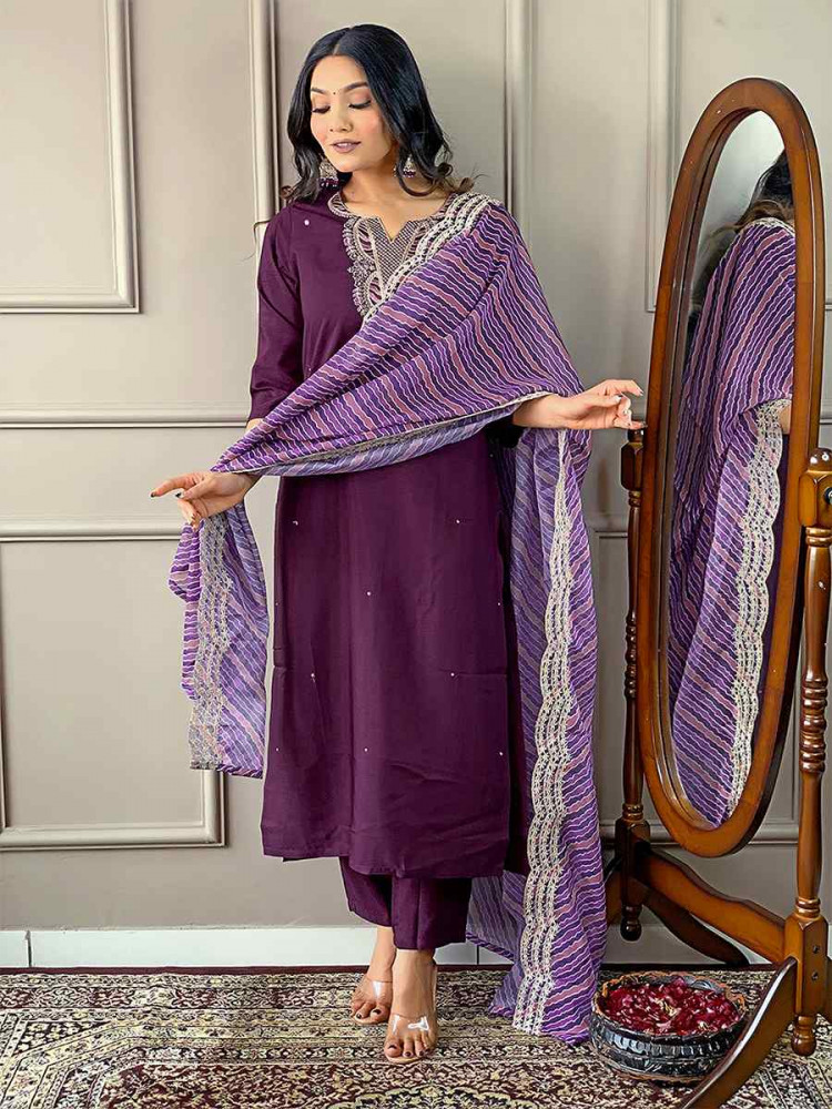 Purple Viscose Embroidered Festival Casual Ready Pant Salwar Kameez