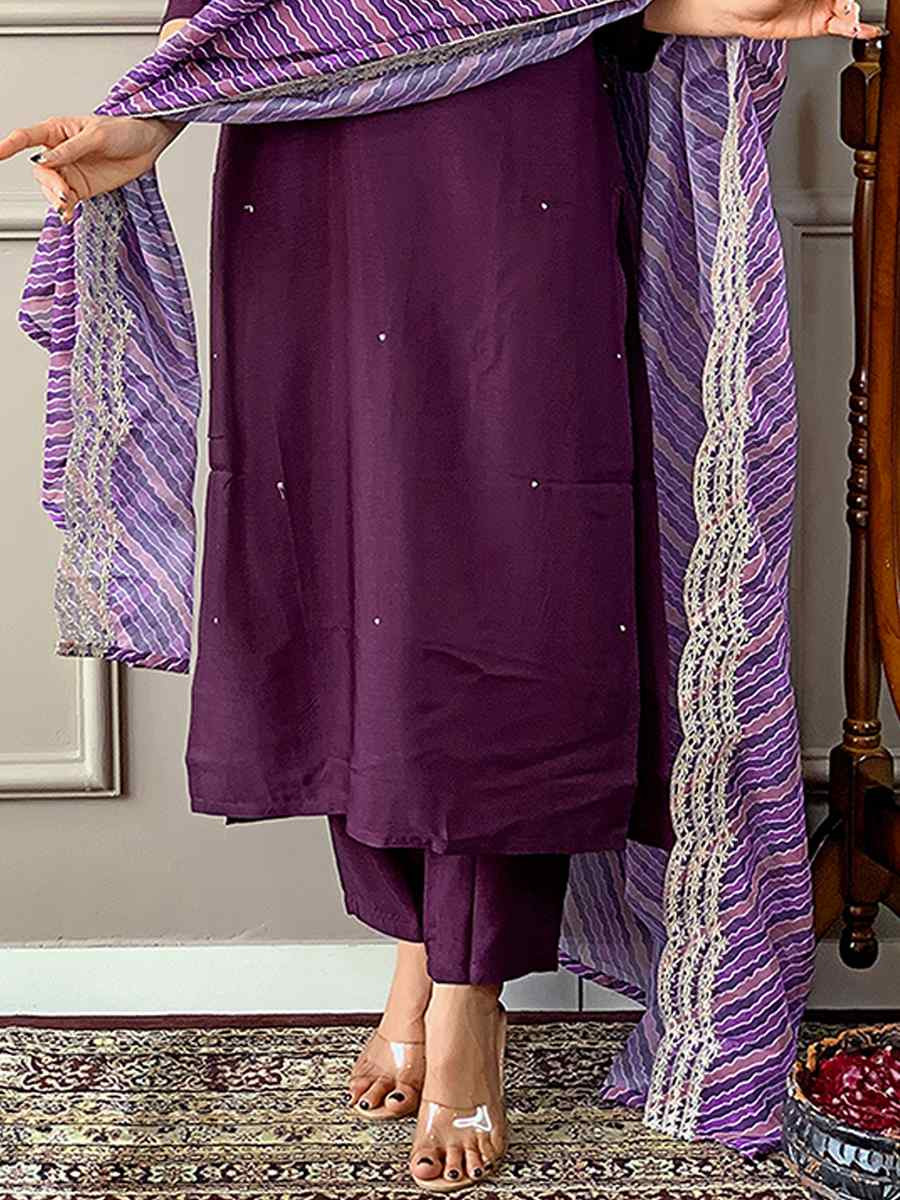 Purple Viscose Embroidered Festival Casual Ready Pant Salwar Kameez