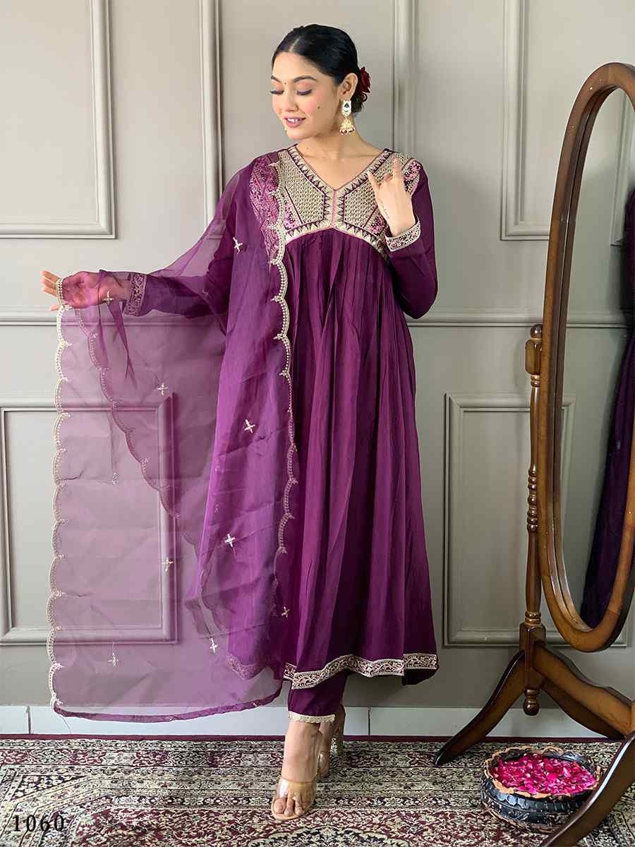 Purple Viscose Embroidered Festival Casual Ready Pant Salwar Kameez