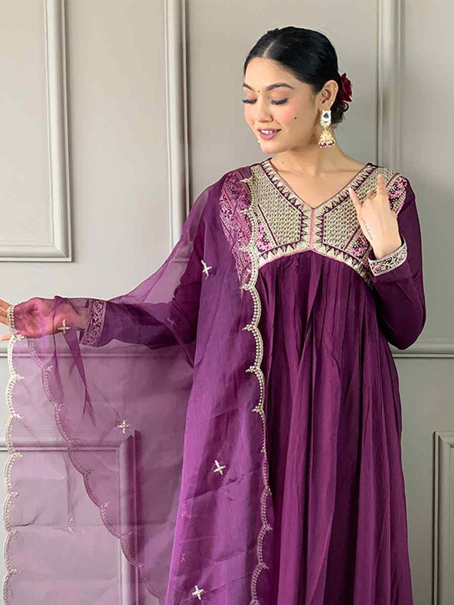 Purple Viscose Embroidered Festival Casual Ready Pant Salwar Kameez