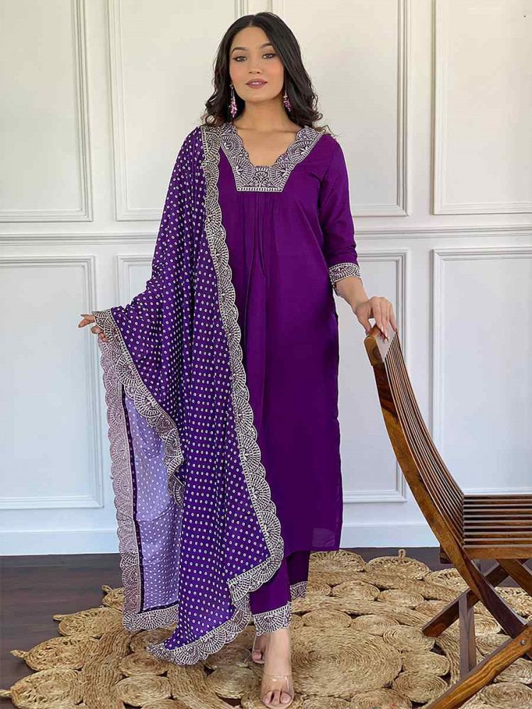 Purple Viscose Embroidered Festival Casual Ready Pant Salwar Kameez