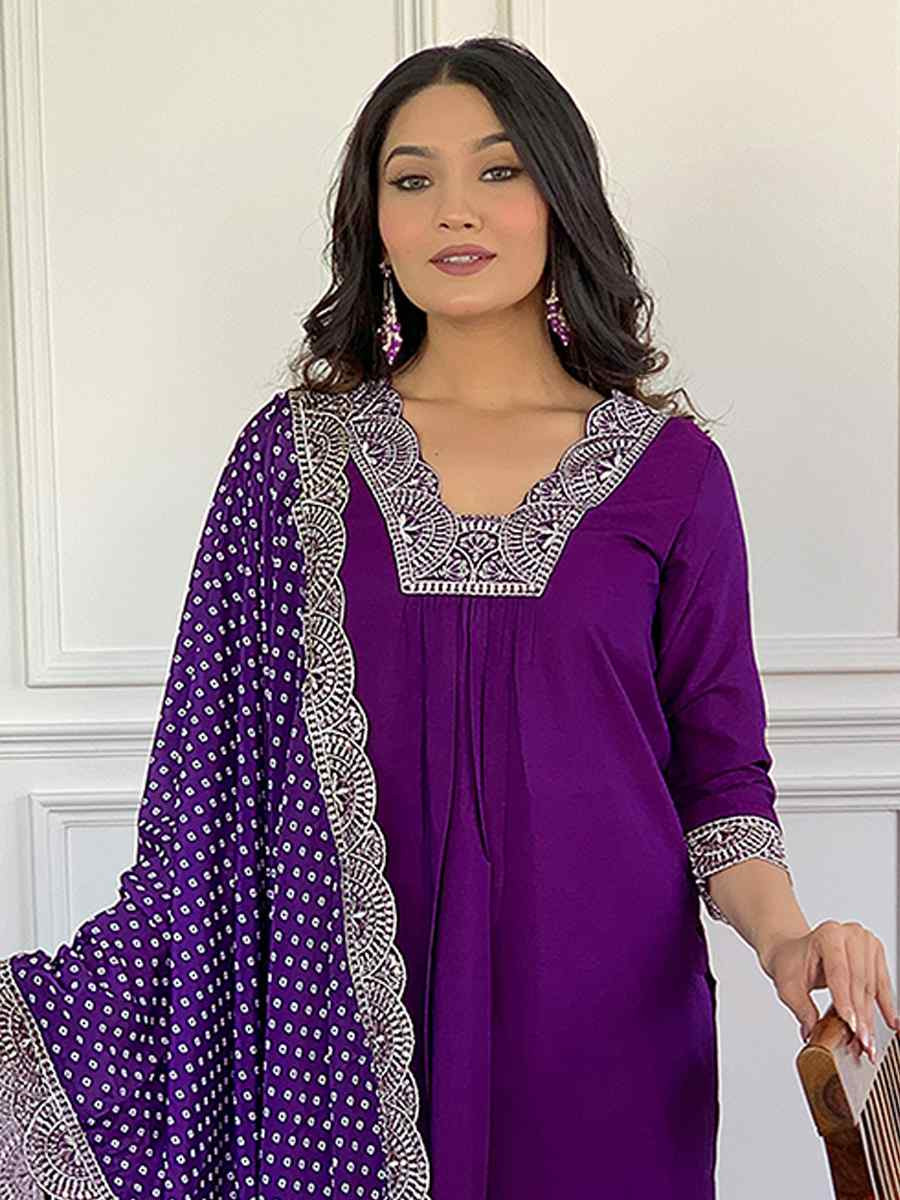 Purple Viscose Embroidered Festival Casual Ready Pant Salwar Kameez