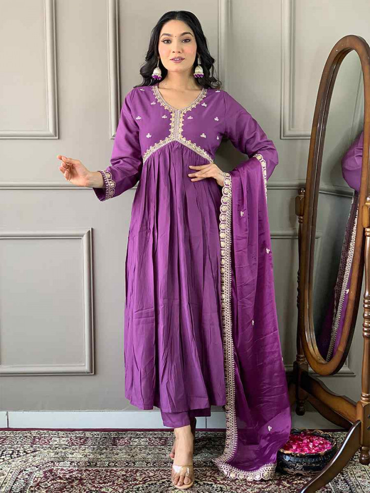 Purple Viscose Embroidered Festival Casual Ready Pant Salwar Kameez