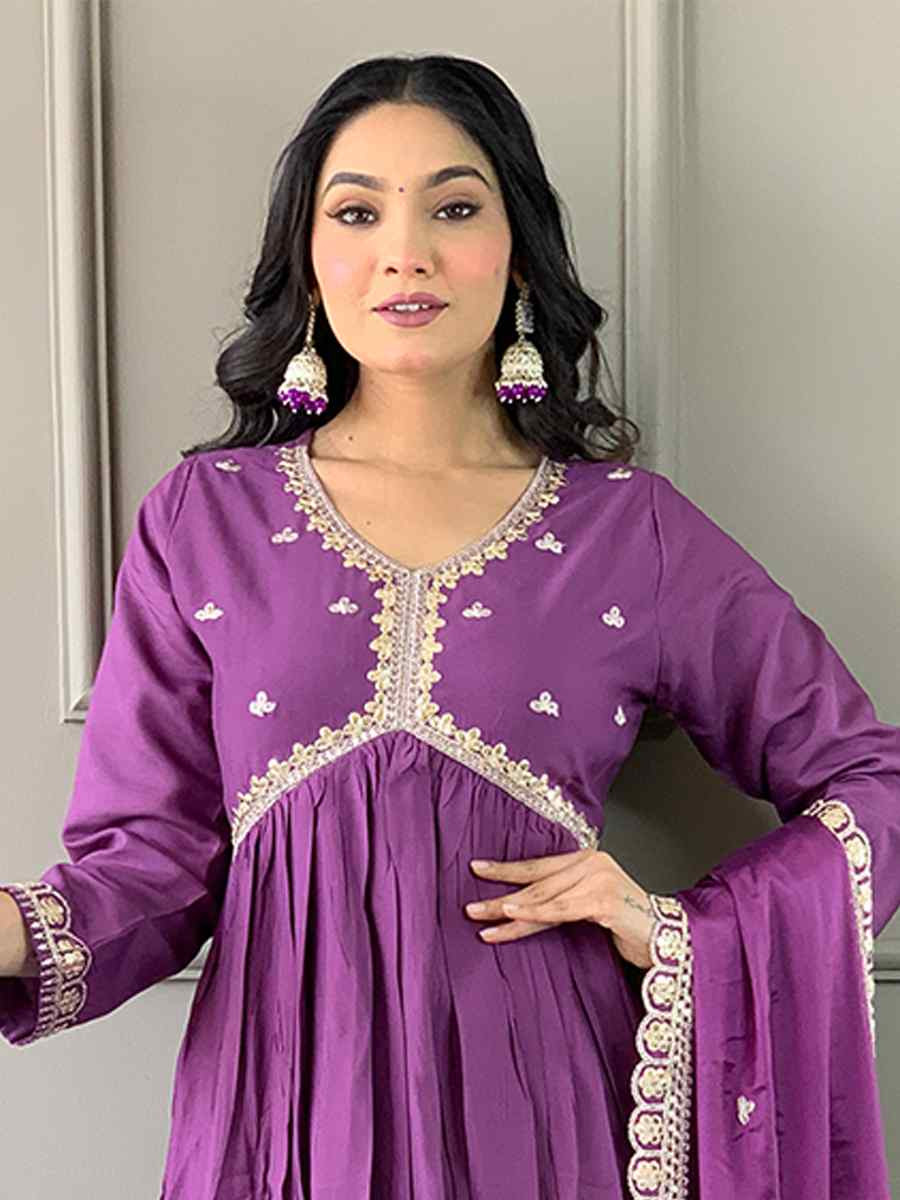 Purple Viscose Embroidered Festival Casual Ready Pant Salwar Kameez