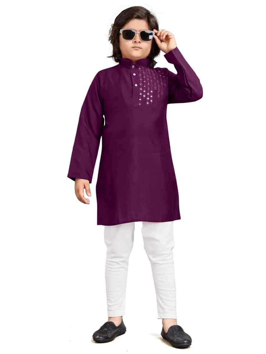 Purple Viscose Embroidered Wedding Casual Kurta Pyjama Boys Wear