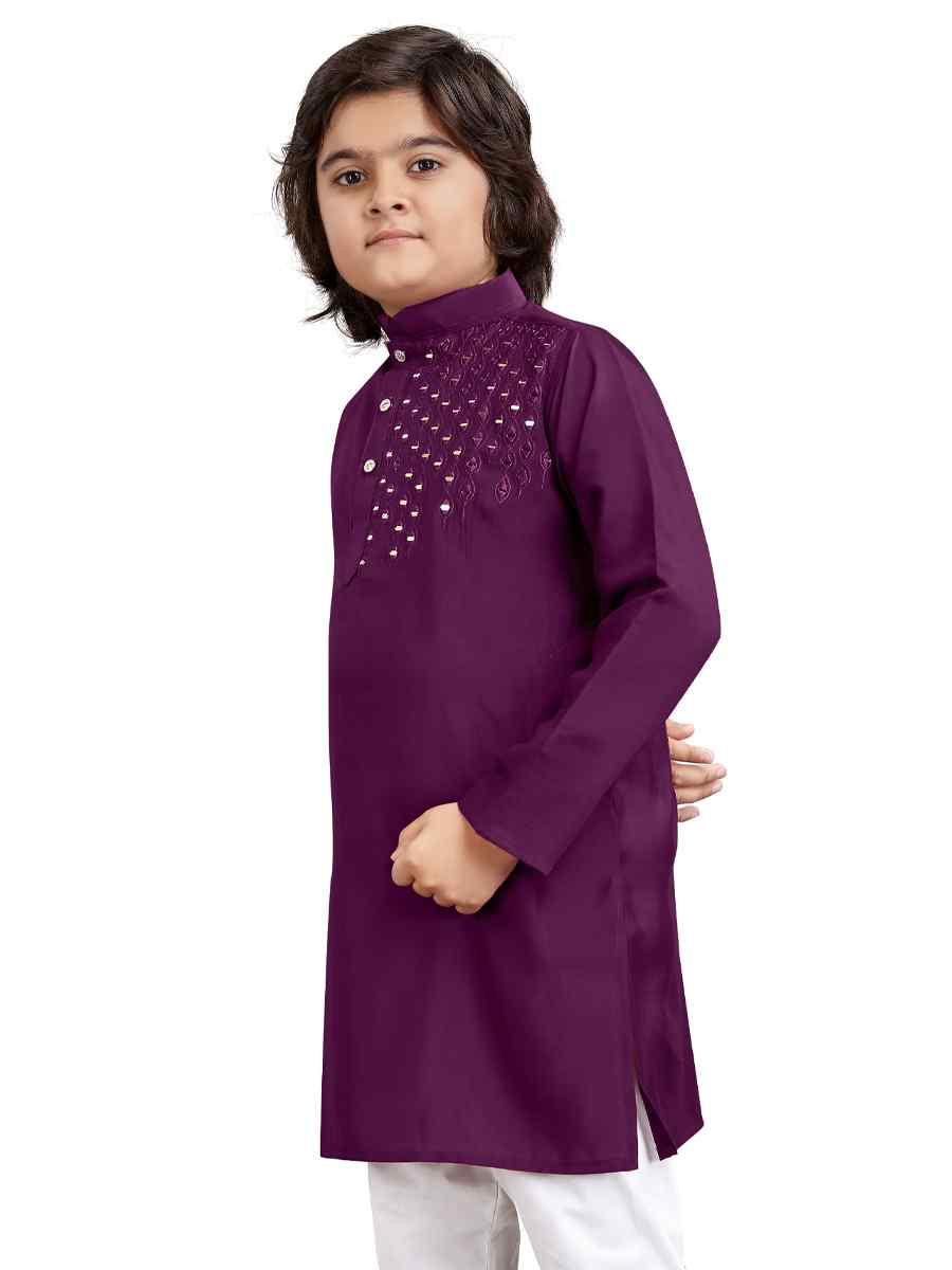 Purple Viscose Embroidered Wedding Casual Kurta Pyjama Boys Wear