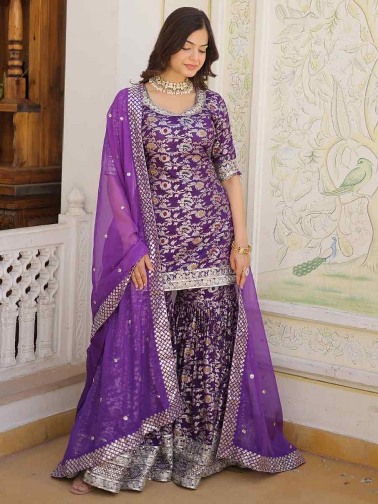 Purple Viscose Jacquard Embroidered Festival Party Ready Sharara Pant Salwar Kameez
