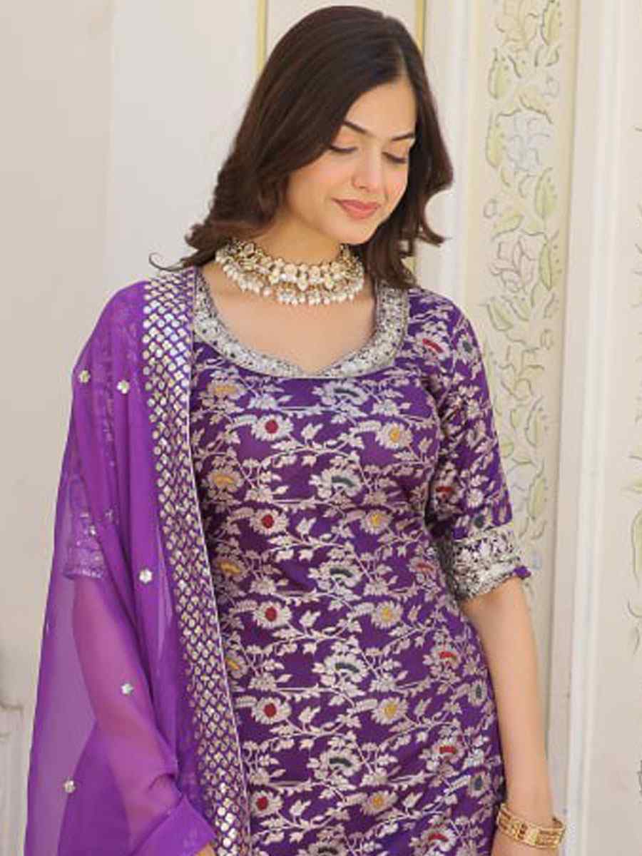 Purple Viscose Jacquard Embroidered Festival Party Ready Sharara Pant Salwar Kameez