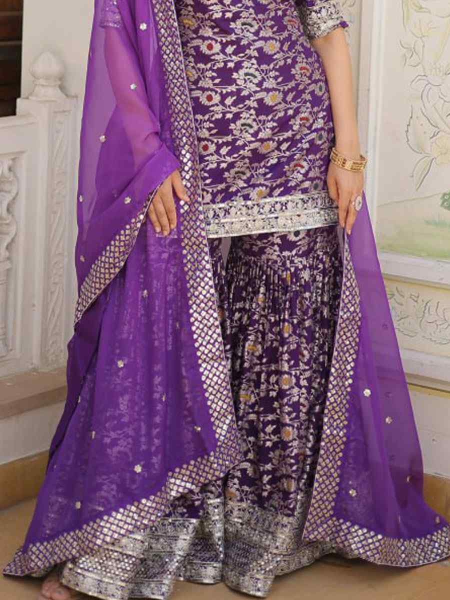 Purple Viscose Jacquard Embroidered Festival Party Ready Sharara Pant Salwar Kameez