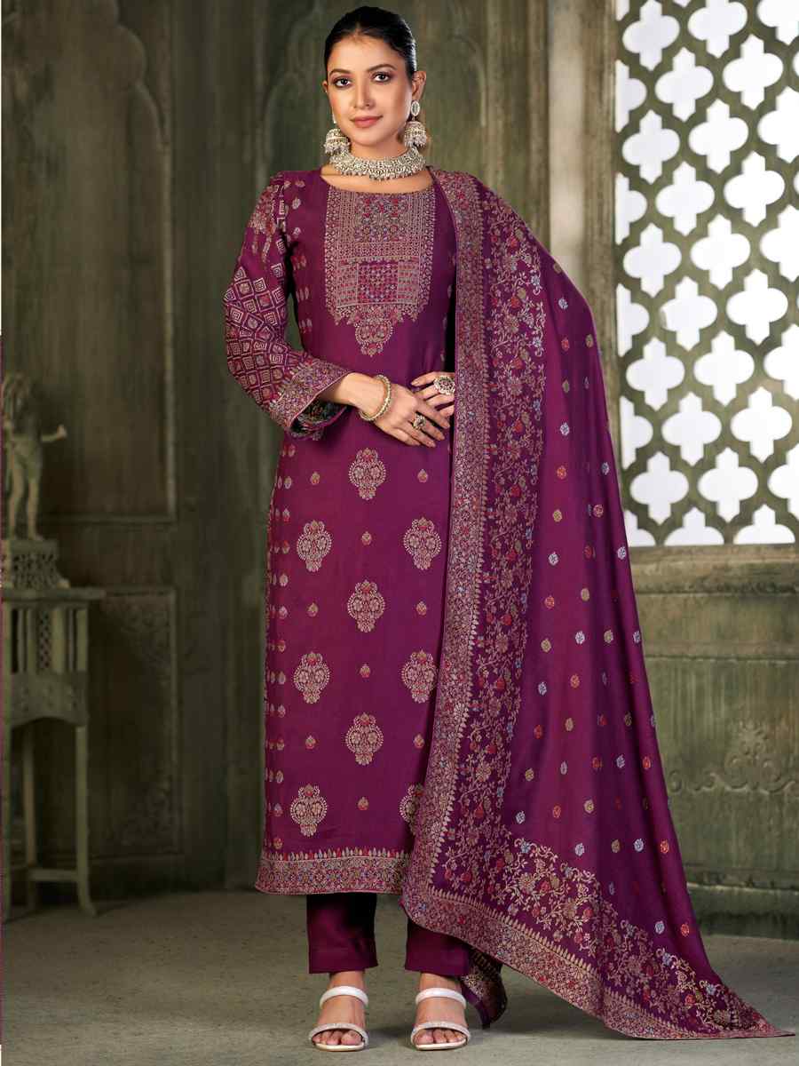 Purple Viscose Pasmina Embroidered Festival Mehendi Ready Pant Salwar Kameez