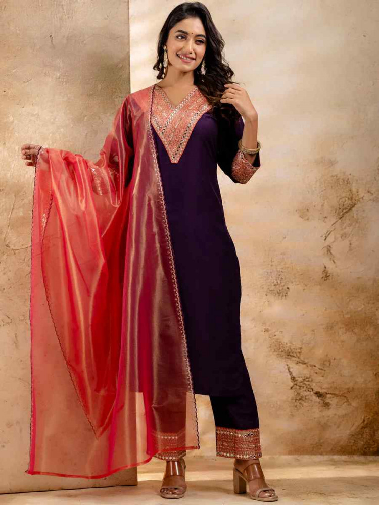 Purple Viscose Rayon Embroidered Festival Casual Ready Pant Salwar Kameez