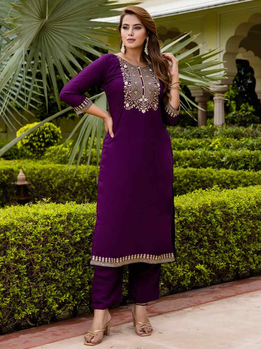 Purple Viscose Rayon Embroidered Festival Casual Ready Pant Salwar Kameez