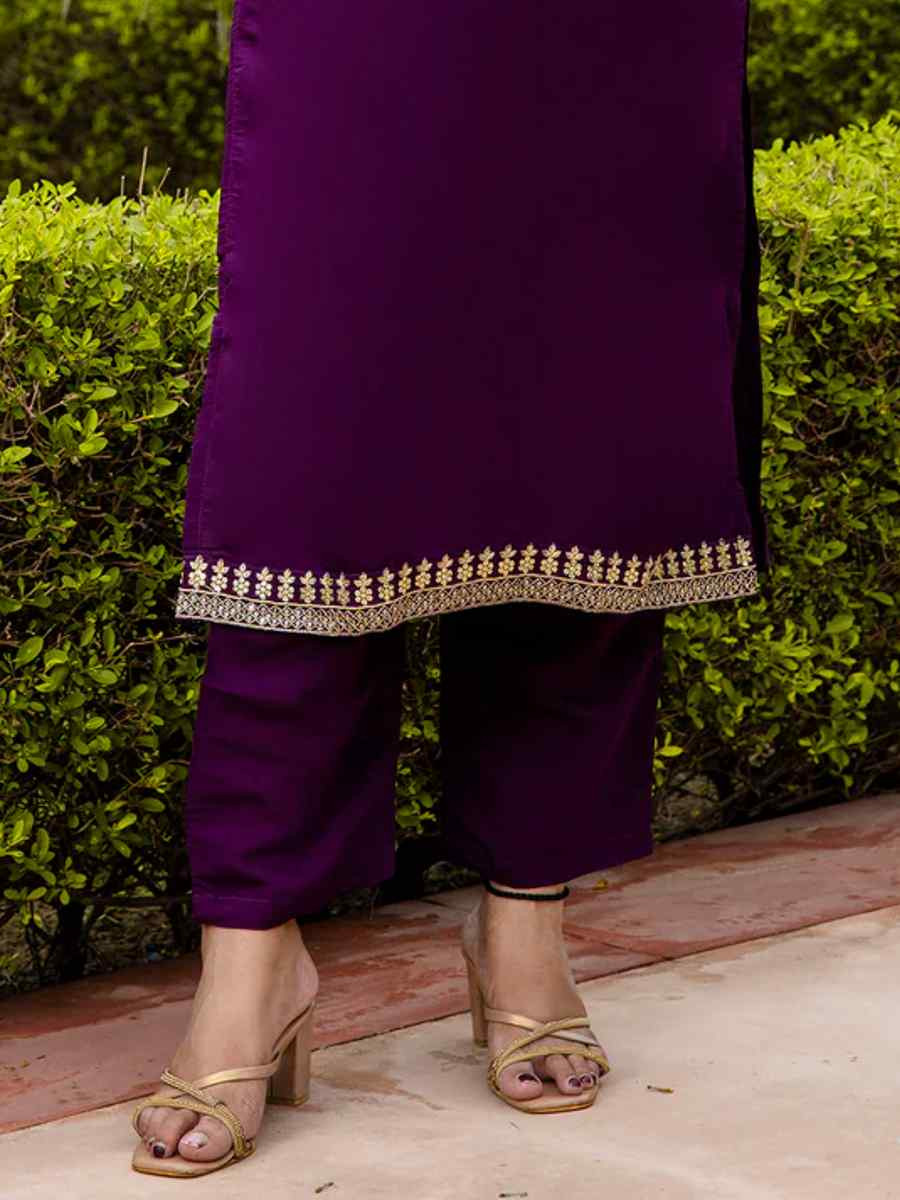 Purple Viscose Rayon Embroidered Festival Casual Ready Pant Salwar Kameez