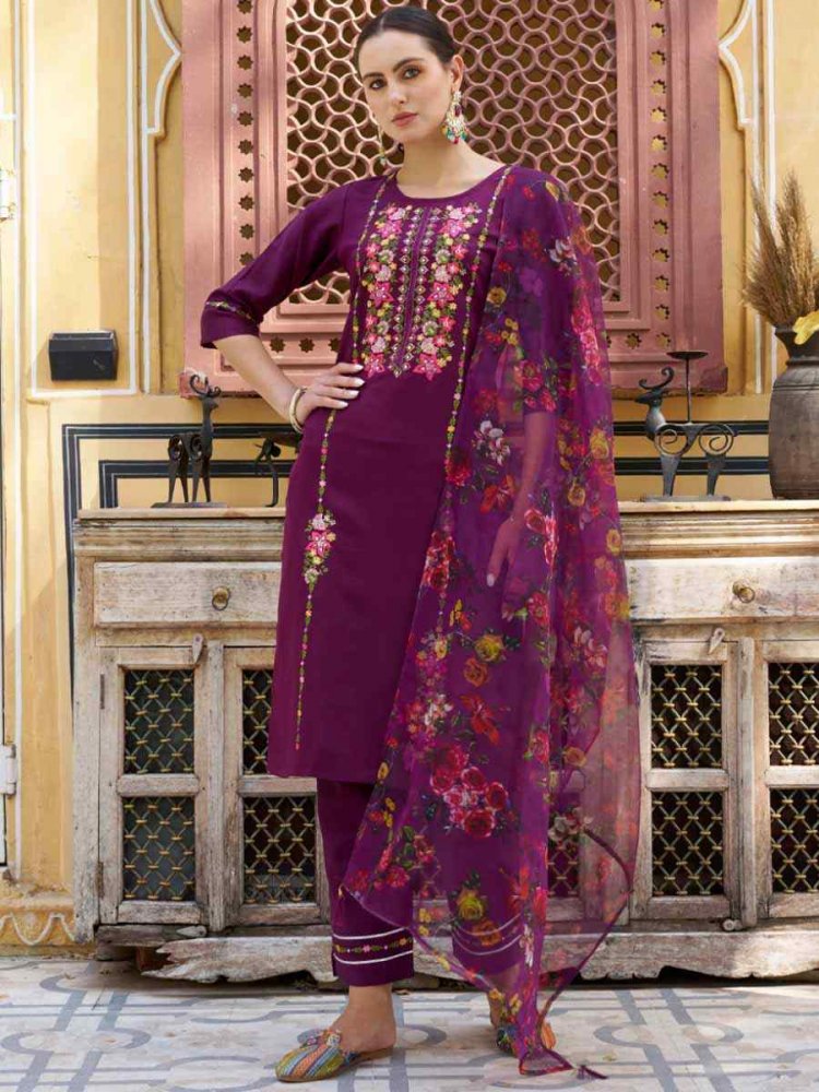 Purple Viscose Rayon Embroidered Festival Mehendi Ready Pant Salwar Kameez