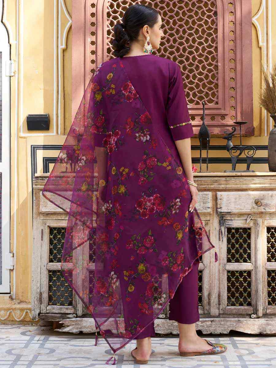 Purple Viscose Rayon Embroidered Festival Mehendi Ready Pant Salwar Kameez