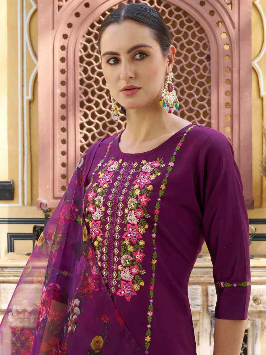 Purple Viscose Rayon Embroidered Festival Mehendi Ready Pant Salwar Kameez