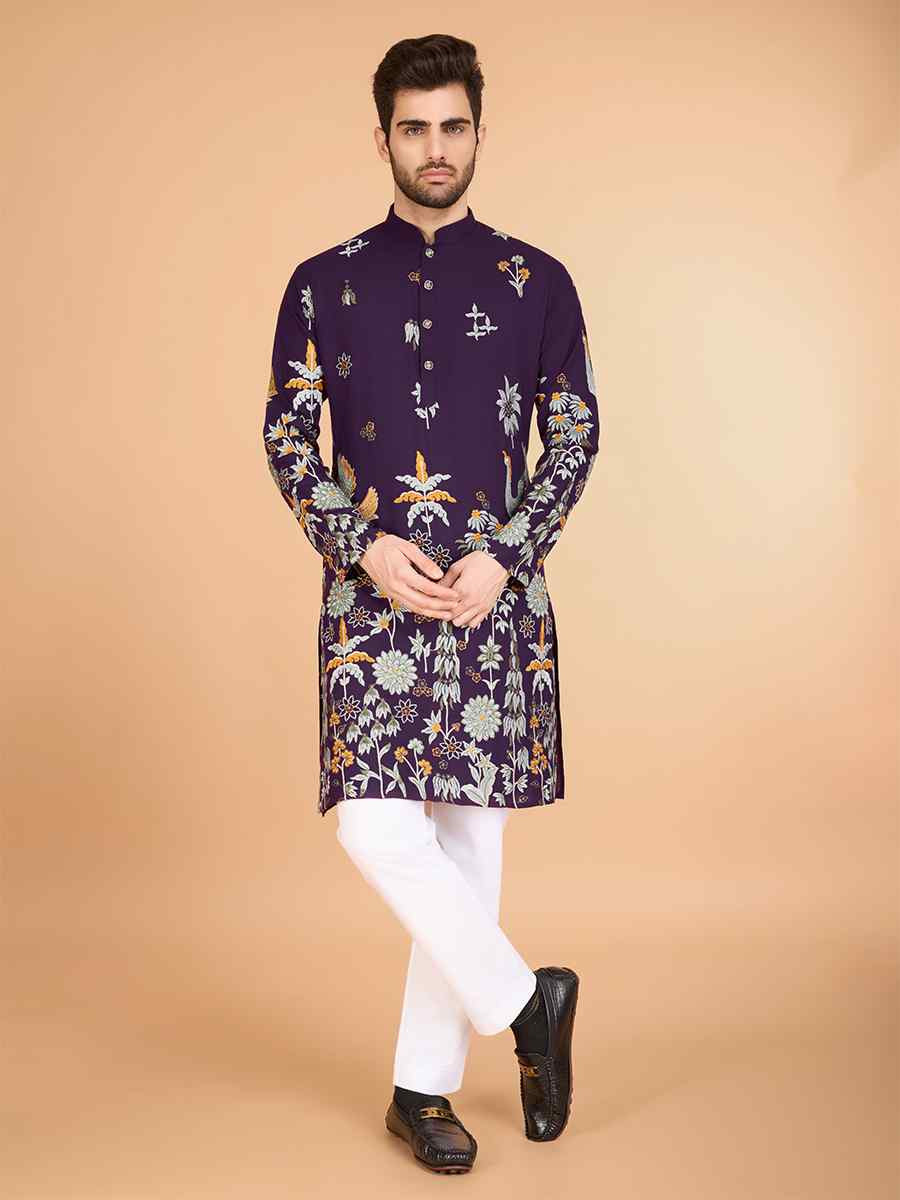 Purple Viscose Rayon Embroidered Festival Wedding Kurta