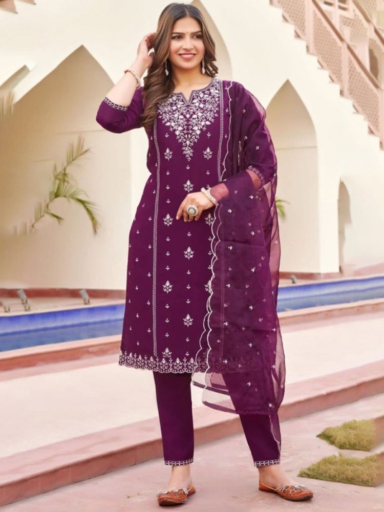 Purple Viscose Roman Silk Embroidered Festival Casual Ready Pant Salwar Kameez
