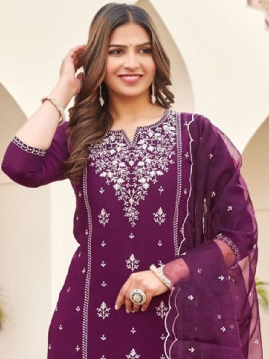 Purple Viscose Roman Silk Embroidered Festival Casual Ready Pant Salwar Kameez