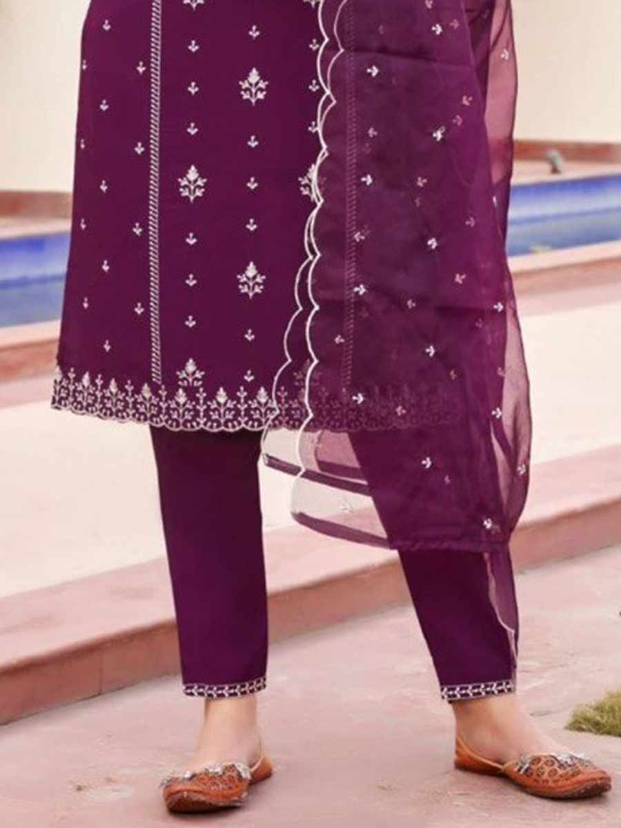 Purple Viscose Roman Silk Embroidered Festival Casual Ready Pant Salwar Kameez