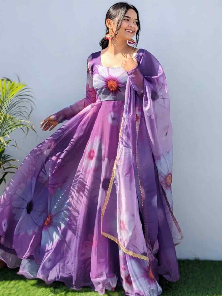 Purple Viscose Tabby Silk Printed Festival Casual Gown