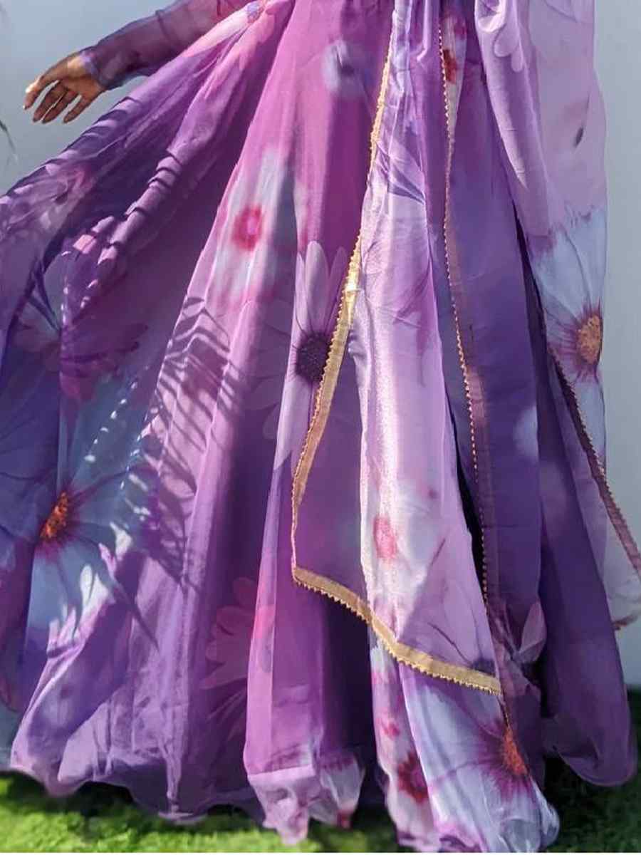 Purple Viscose Tabby Silk Printed Festival Casual Gown