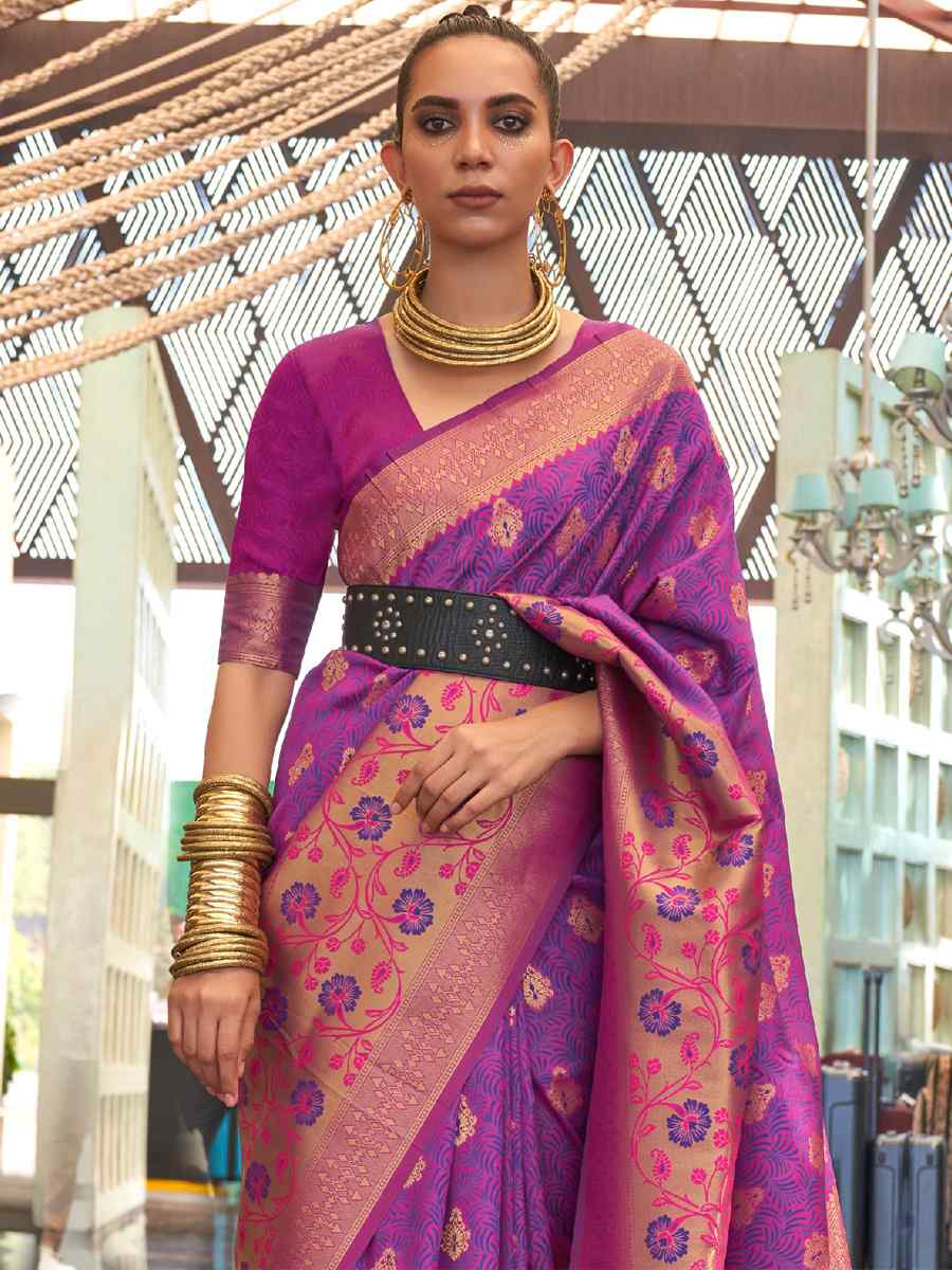 Purple Weaving Silk Handwoven Wedding Festival Heavy Border Saree