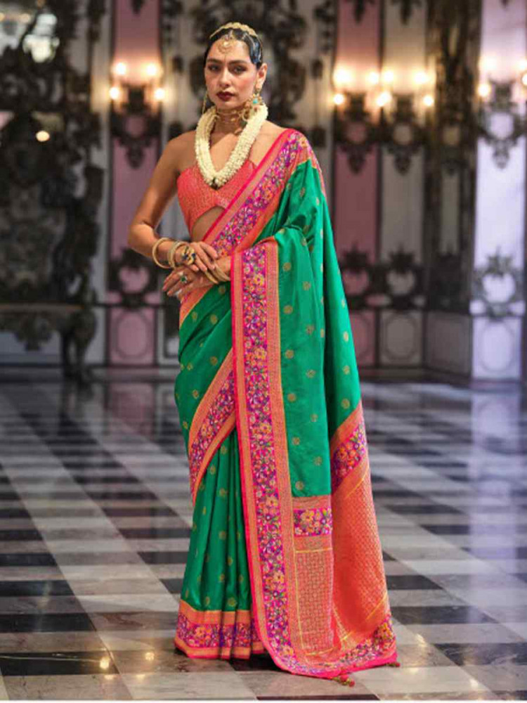 Rama Banarasi Poly Viscose Silk Handwoven Festival Wedding Heavy Border Saree