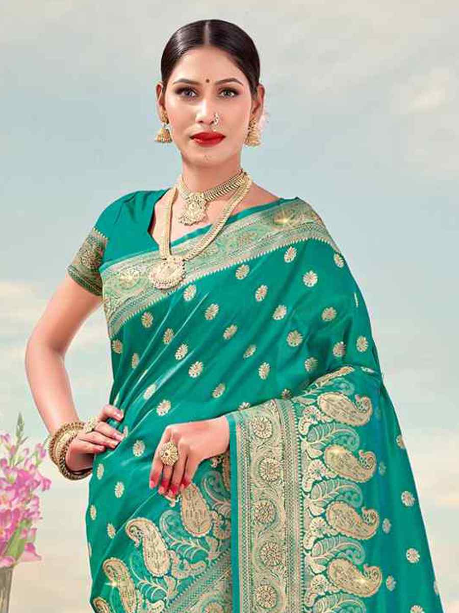 Rama Banarasi Silk Handwoven Wedding Festival Heavy Border Saree