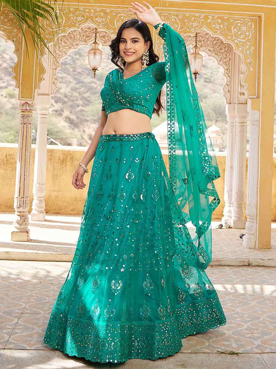 Rama Blue Net Embroidered Bridesmaid Wedding Heavy Border Lehenga Choli