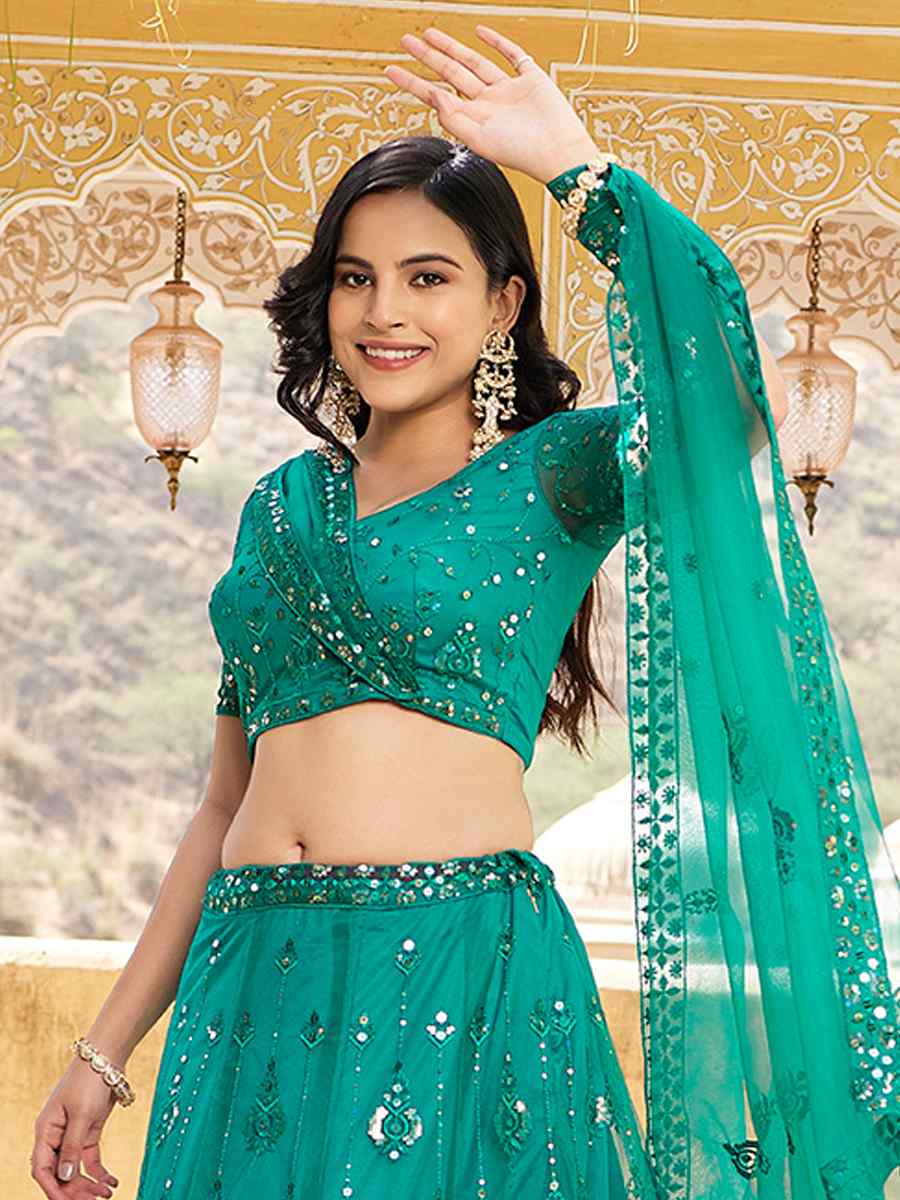 Rama Blue Net Embroidered Bridesmaid Wedding Heavy Border Lehenga Choli