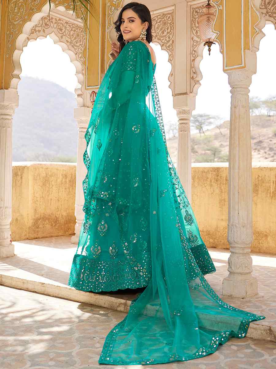 Rama Blue Net Embroidered Bridesmaid Wedding Heavy Border Lehenga Choli