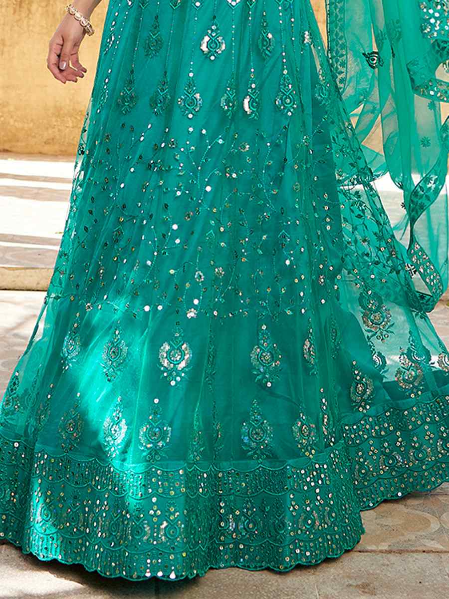 Rama Blue Net Embroidered Bridesmaid Wedding Heavy Border Lehenga Choli