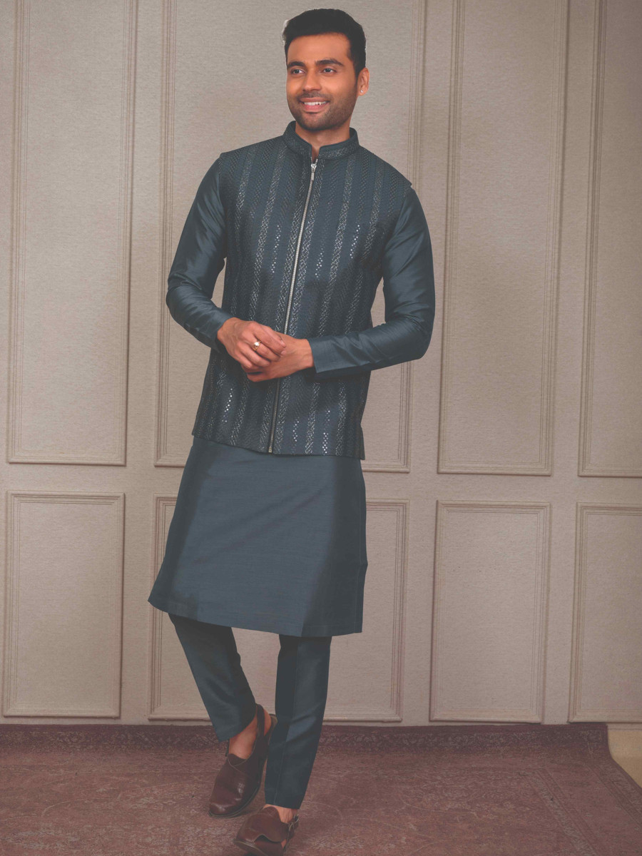 Rama Blue Silk Woven Groom Wedding Kurta