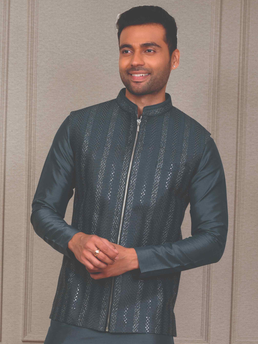 Rama Blue Silk Woven Groom Wedding Kurta