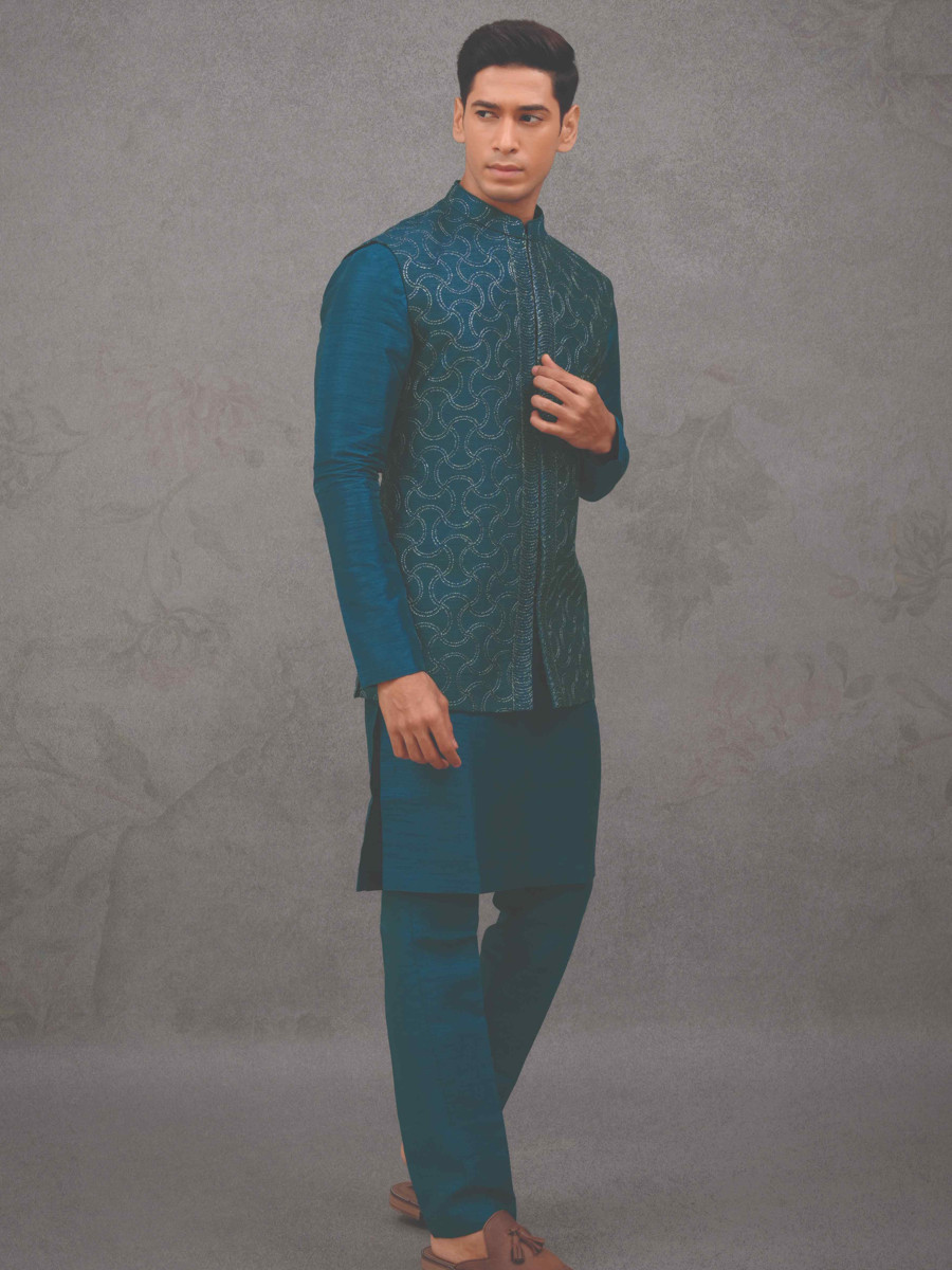 Rama Blue Silk Woven Groom Wedding Kurta