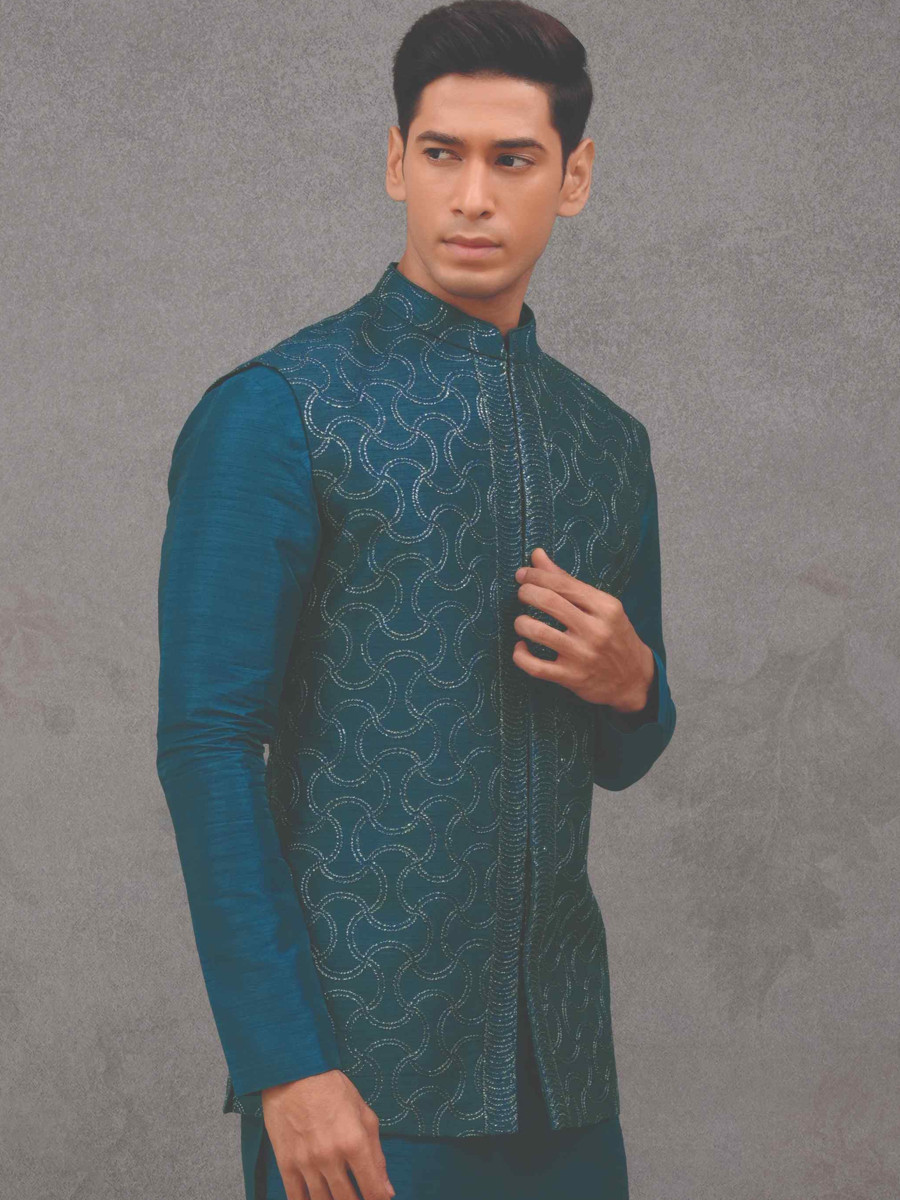 Rama Blue Silk Woven Groom Wedding Kurta