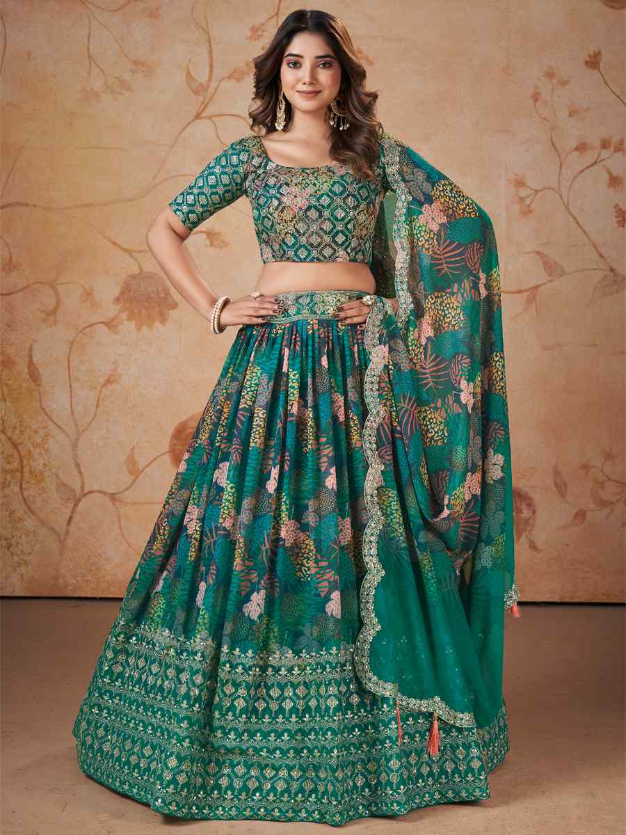 Rama Faux Georgette Embroidered Mehendi Festival Heavy Border Lehenga Choli